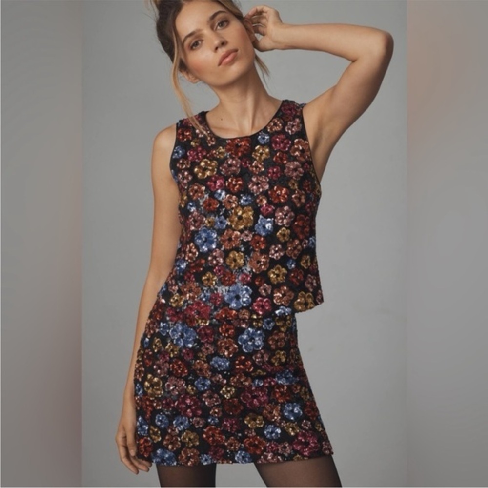 Le Superbe SET Murakami Flower Crop Top & Skirt in Black Sequins